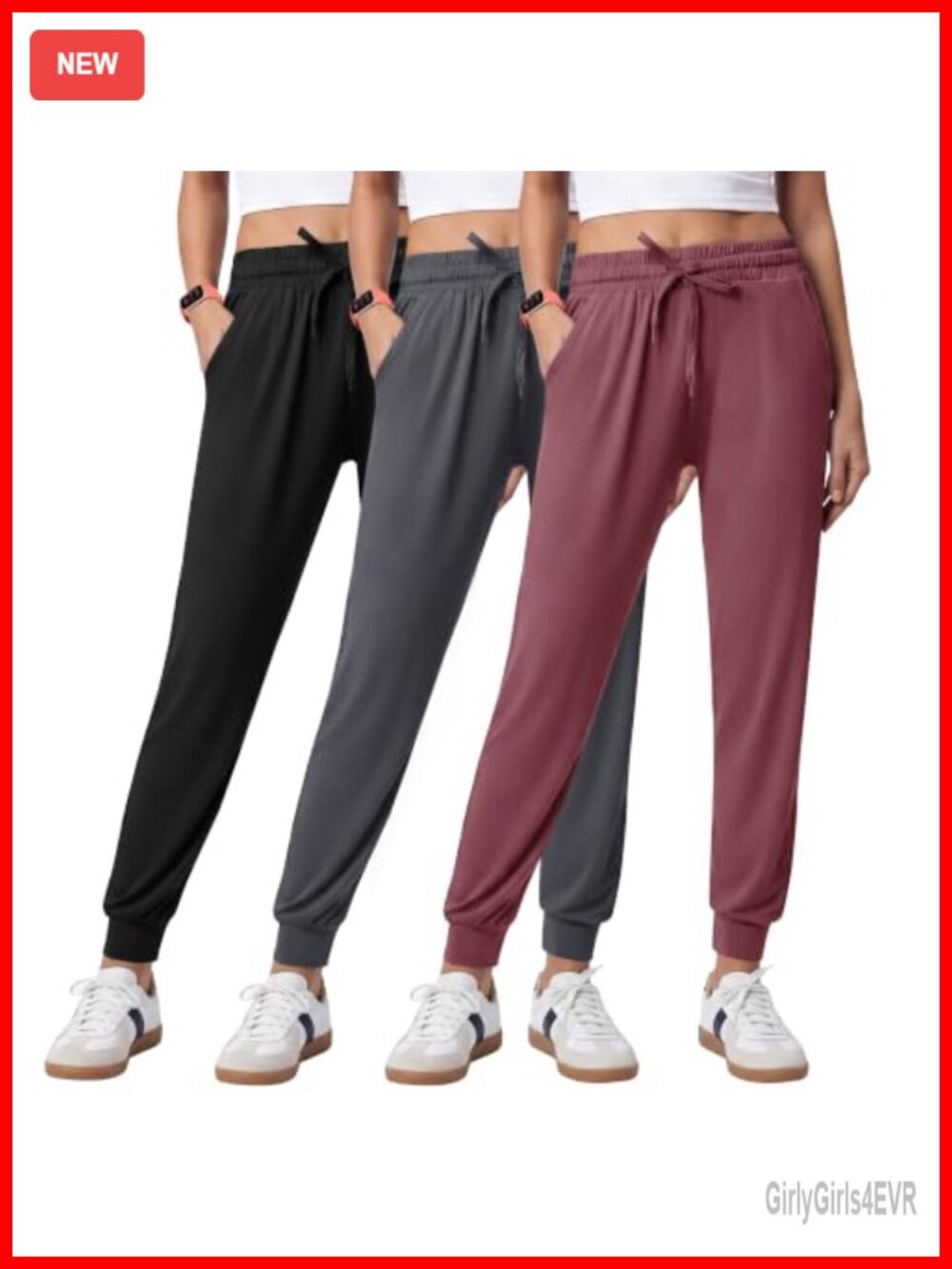 3 Pack Womens Lightweight Joggers with Pockets, Adjustable Waist, Cuffed